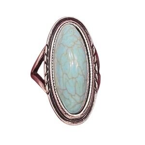 Southwestern Faux Turquoise Oval Statement Ring Silver Tone Sz 7.5 Boho Western